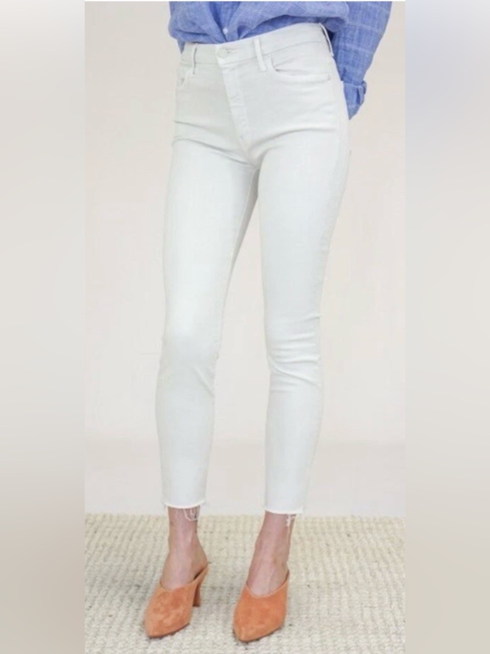 MOTHER High Waisted Looker Ankle Fray Jeans Fairest Of Them All White